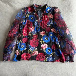 WHBM Organza Sleeve Silk Burnout Blouse Black Floral